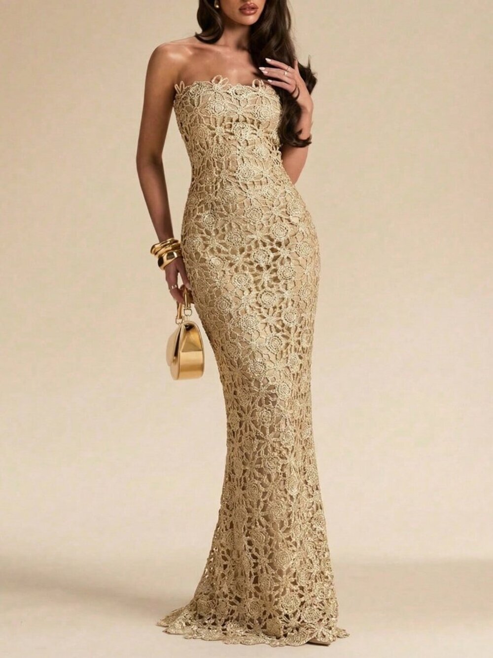 Gold Party Elegant Women's Gold Hollow Textured Floral Tight Hollow Tight Dress
